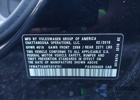 2015 Volkswagen Passat 1.8T S из США, поврежденный, VIN 1VWAT7A30FC074701